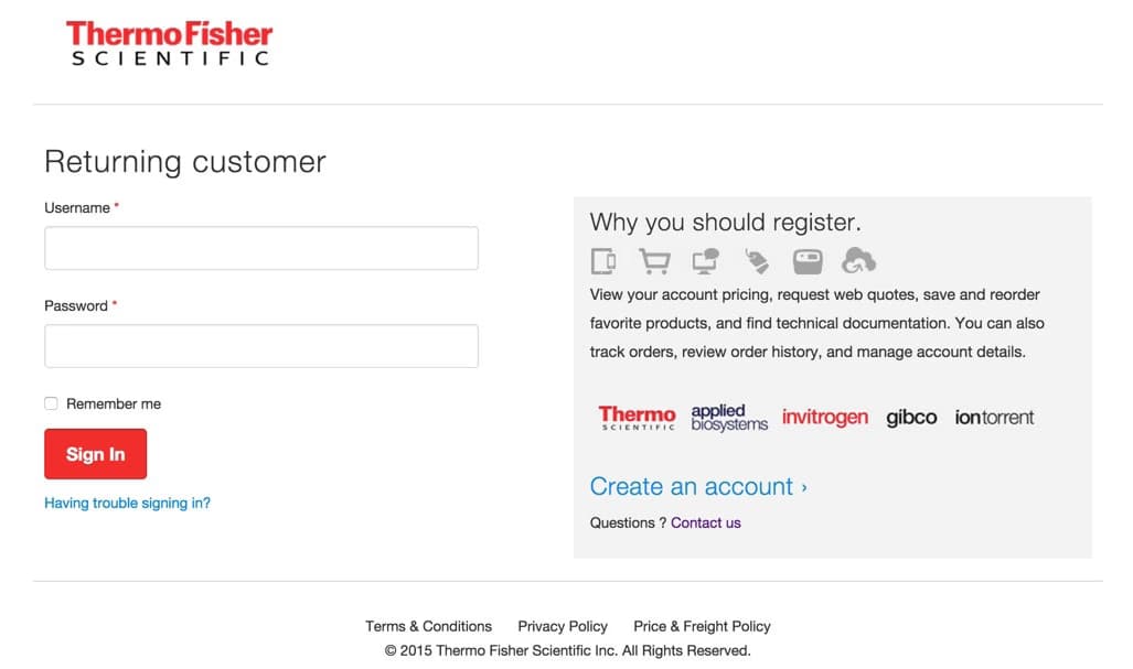 Screenshot of the old sign-in page of Thermo Fisher Scientific