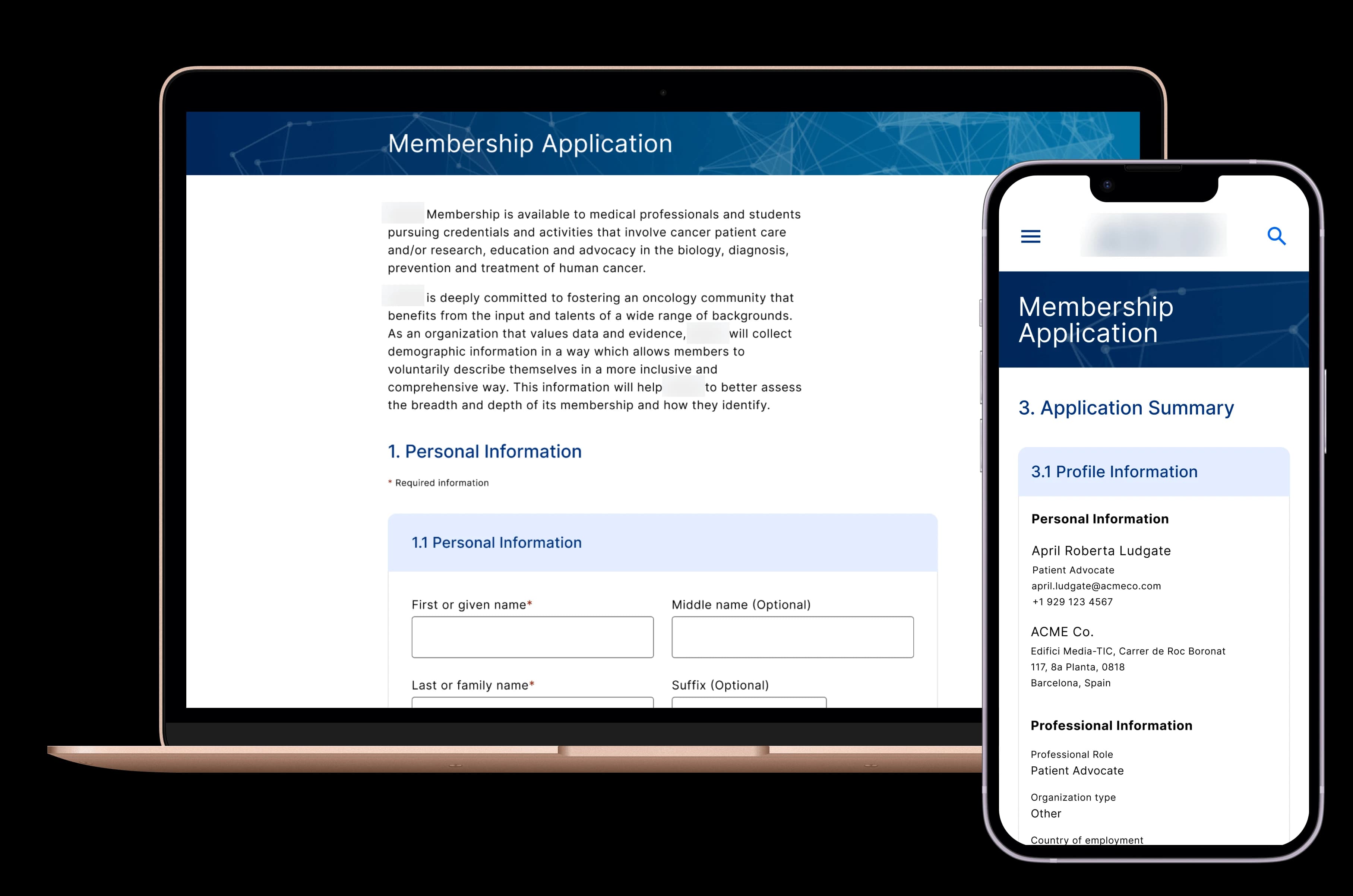 Mockups of the new design for the memerbship application in a laptop and in a mobile phone.