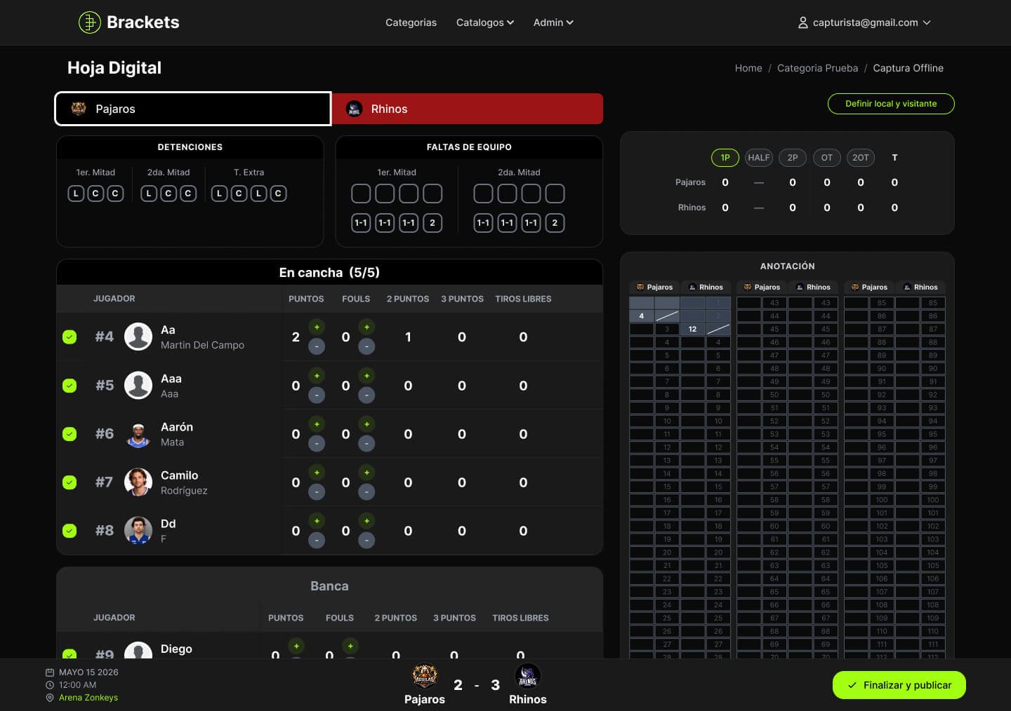 Offline scoresheet interface showing team rosters, live stat entry for points, fouls, and blocks, period-by-period score tracking, and a play-by-play annotation grid for two teams.