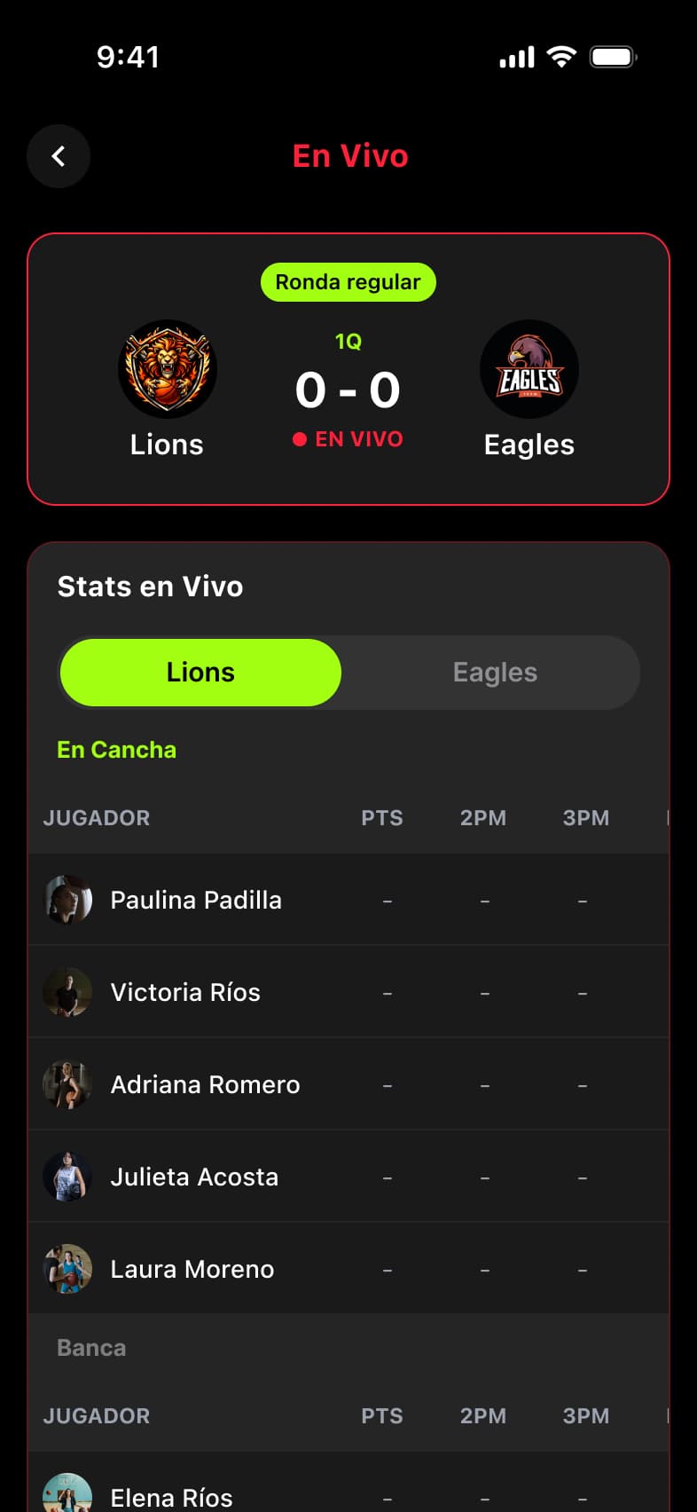 Screenshot of the Brackets mobile app spectator view, showing a live basketball game between Bulls and Lions with real-time score and a live stats table for each player on the court.