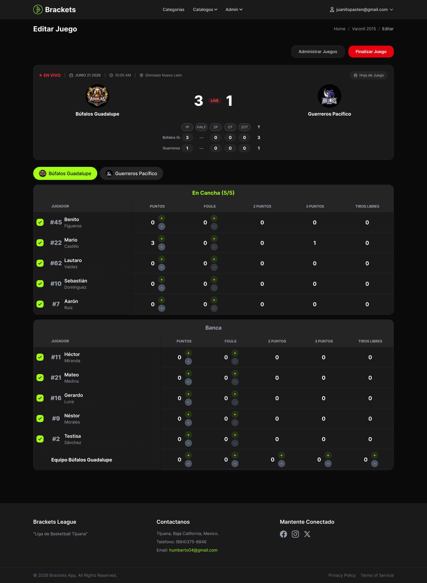 Screenshot of the redesigned Brackets live capture screen during a game between Búfalos Guadalupe and Guerreros Pacífico, showing player stats with tap-based increment and decrement buttons instead of manual input fields.